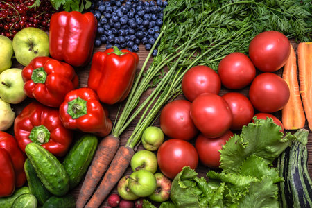 Bio organic vegetable and fruit on farmer market. Food background with assortment of fresh organic fruits and vegetables.の写真素材