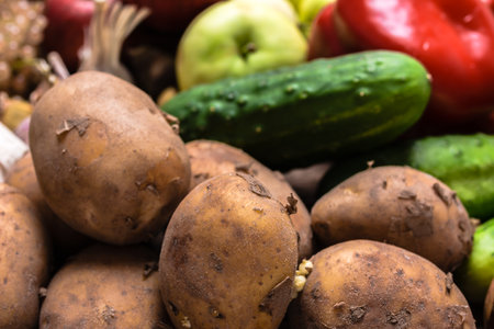 Organic food. Garden produce and harvested vegetables. Fresh farm vegetable, background.の写真素材