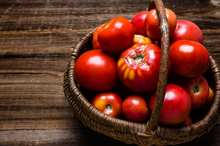 Homegrown red tomatoes in the basket.の写真素材