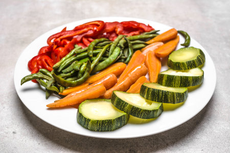 Plate of stir fry vegetables, top viewの写真素材