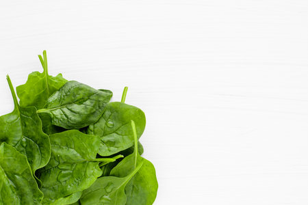 Fresh green spinach leaves. Raw organic leaves, top view, copy space. Spinach on white background.