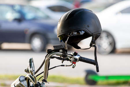 Biker helmet standing on motorcycle. Trustworthy, safe.の写真素材