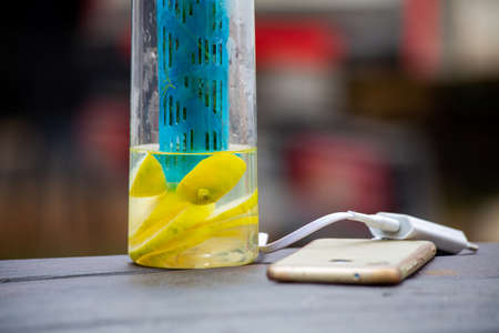 Water with lemon and rosemary herb in a flaskの写真素材