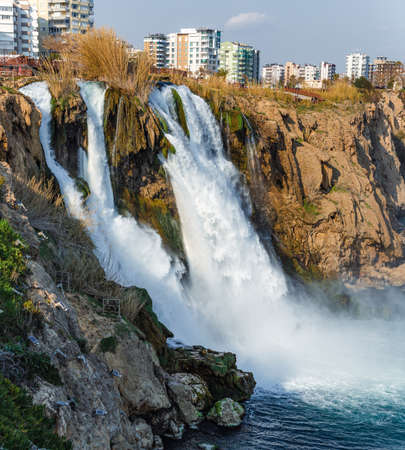 Turkey - Antalya Duden Waterfall. The place where the waterfall spills into the sea, the DÃ¼denbasÄ± waterfallの写真素材