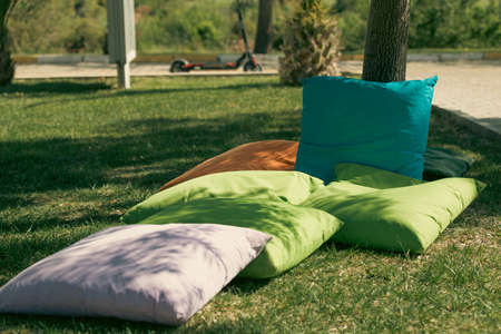 Students sitting on cushions under treesの写真素材
