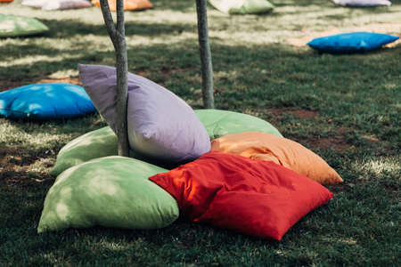 Students sitting on cushions under treesの写真素材
