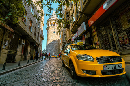 Istanbul - Turkey, 07 06 2016: View of the galata tower from the streetのeditorial素材