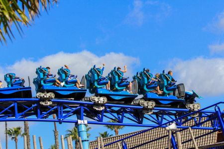 San Diego, California-USA, 03.14.2014: people enjoying a roller coaster at Sea World amusement park in USAのeditorial素材