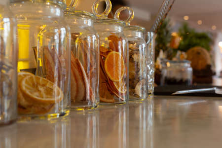 Dried fruits used to make cocktails at the barの写真素材