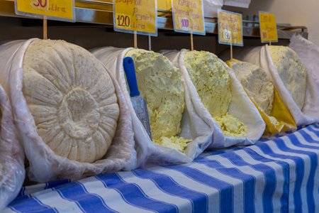 Types of village cheeses sold in the public market in Turkey. Tulum cheeses...の写真素材