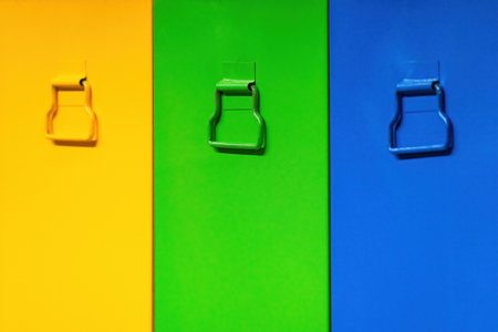 Yellow, green, blue colored cabinet doors. Colored drawers and drawer handles.