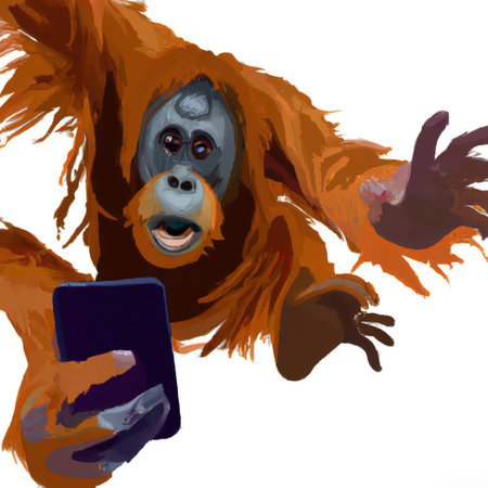 An orangutan with smooth fur and clear facial and eye details jumping with a mobile phone in his hand.の素材