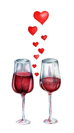 Two glasses of wine and hearts between them. Watercolor illustration for Valentine's Day, Wedding, Marriage, Romantic evening. Isolated on white background. Drawn by hand.のイラスト素材