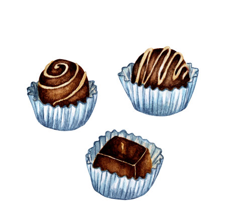 A set of colorful chocolates from boxes for special holidays, Valentine's Day, lunch or coffee break. Watercolor illustration of striped sweets in dark white chocolate. Isolated on white background. Drawn by hand.のイラスト素材