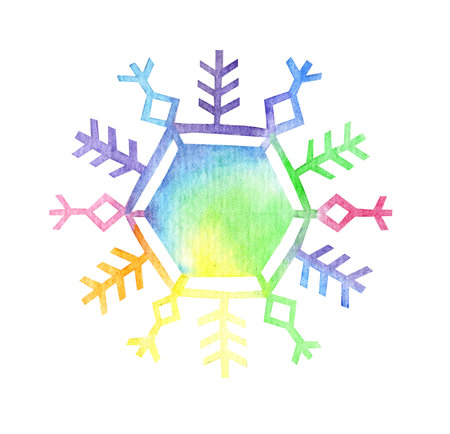 Watercolor rainbow hexagonal snowflake. Snow shimmers in the light, winter illustration Christmas and New Year. Isolated on white background. Drawn by hand.のイラスト素材