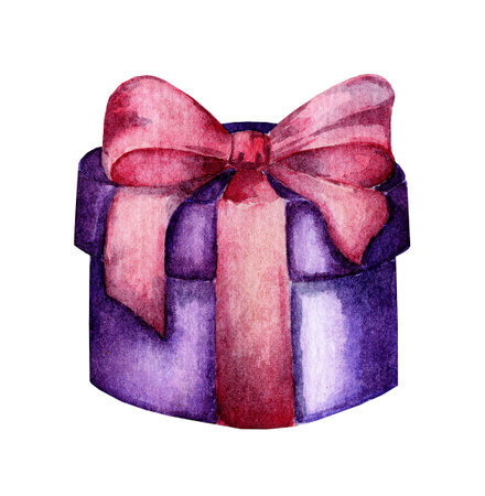 Watercolor illustration of a round purple box with a pink bow. Gift box for Christmas and New Year, Valentine's Day and Birthday. Isolated on white background. Drawn by hand.のイラスト素材