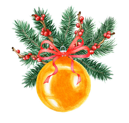 Yellow ball for decoration in fir, pine branches, holly, ilex and red bow. Watercolor illustration of Christmas and New Year decor. Isolated on white background. Drawn by hand.のイラスト素材