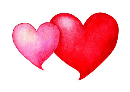 Watercolor two hearts together, pink and red. Valentine's Day, a symbol of love, unity, wedding. Isolated on white background. Drawn by hand.のイラスト素材