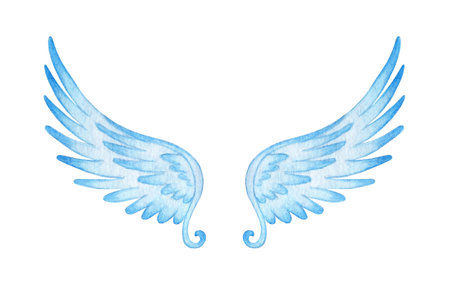Watercolor blue angel wings. Religious illustration, beautiful realistic wings with feathers, cherubs, seraphim, archangels. Isolated on white background. Drawn by hand.のイラスト素材