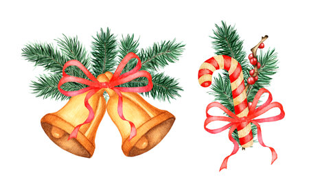 Watercolor set of Christmas and New Year decor. Spruce twigs, bells, holly, ilex, caramel cane and red bows. Isolated on white background. Drawn by hand.のイラスト素材