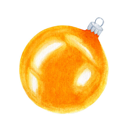 Christmas ball for decorating the Christmas tree. Watercolor illustration of a yellow glass ball. For use as blanks. Isolated on a white background. Hand-drawn.のイラスト素材