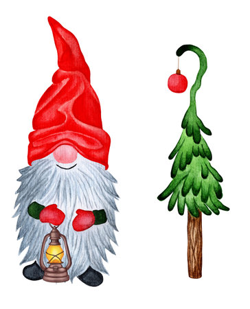 A cute Scandinavian gnome with a lantern in his hands and a Christmas tree with a red ball on the top. Watercolor Christmas, New Year illustration with a dwarf in a red cap and a small Christmas tree. Isolated on white background. Drawn by hand.のイラスト素材