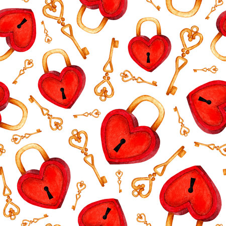 Stylish watercolor pattern for Valentine's Day. An abstract composition of elements that express love. Red closed lock and gold key. Isolated on white background. Drawn by hand.のイラスト素材