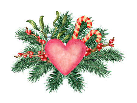 Watercolor illustration of a pink heart decorated with fir branches, holly branches, ilex, mistletoe and candy canes. Decor for Christmas, New Years and Valentine's Day. Isolated on white background. Drawn by hand.のイラスト素材