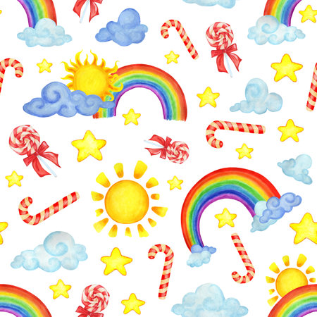 Seamless pattern with watercolor rainbow clouds, suns, candy and stars. Modern illustration on a white background. Design for children's textiles, decor for a children's room. Isolated on white background. Drawn by hand.のイラスト素材