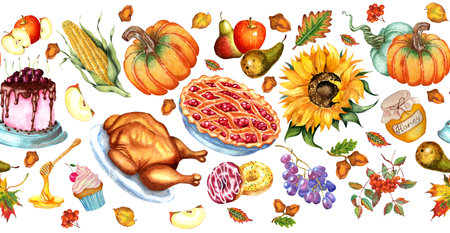 Seamless horizontal food pattern for the holiday. Thanksgiving Day. Sweets, vegetables, fruits and baked poultry. Watercolor illustration isolated on white background. hand-drawn.のイラスト素材