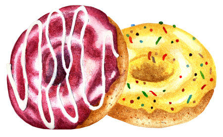 Two donuts covered with glaze. One is yellow with pastry sprinkles, the other is cherry-colored with a white stripe. Watercolor illustration. Isolated on white background. Drawn by hand.のイラスト素材