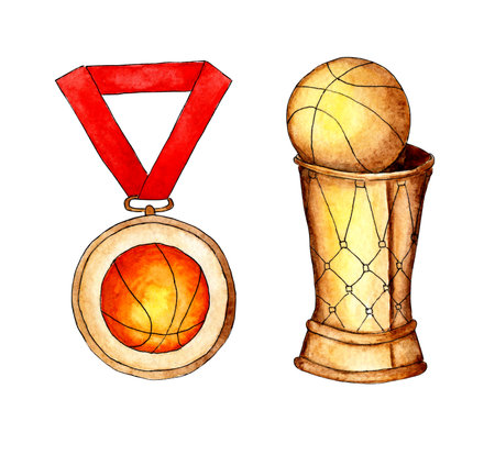 Watercolor set basketball gold cup with ball and medal on red ribbon. Concept of award, trophy, awards isolated on white background. Drawn by hand.のイラスト素材