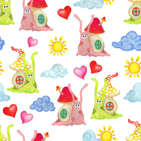 Seamless watercolor pattern of pink and green snails, clouds, sun and hearts. Illustration for kids, scrapbooking, valentine's day, stationery, fabric, clothing and home decor. Isolated on white.のイラスト素材