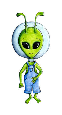 Watercolor illustration of a green alien with big black eyes and antennae on his head. Dressed in...