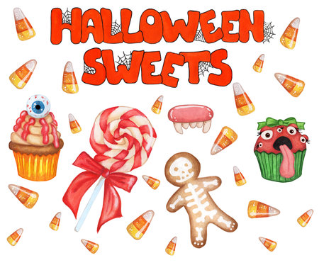 A large set of sweets and text. Lollipop, cupcake with eyes, caramels, gingerbread with skeleton, candy teeth and cupcake with eyes. Isolated on white background. Watercolor illustration.のイラスト素材