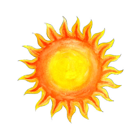 Watercolor illustration of the sun, quick sketching sketch. Children's illustration of a hand-drawn sun. Isolated on a white background. Sunrise sunset.のイラスト素材