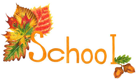 SCHOOL text in yellow, decorated with autumn leaves and acorns. Autumn illustration. Hand-drawn....