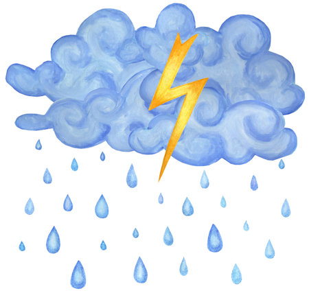 Blue storm clouds, rain and lightning. Children's weather illustration. Isolated on white background. Hand-drawn.のイラスト素材