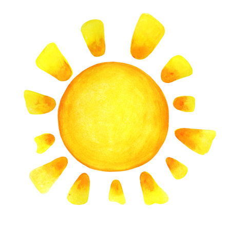 Sun cartoon watercolor. Children's illustration of the sun drawn by hand. isolated on a white background. Sunrise sunset.のイラスト素材