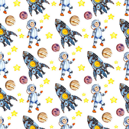 Watercolor illustration seamless repeating pattern cosmos, rocket, astronaut, stars, planets. Colorful design for prints on paper, fabric and clothing. Isolated on white background. Drawn by hand.のイラスト素材