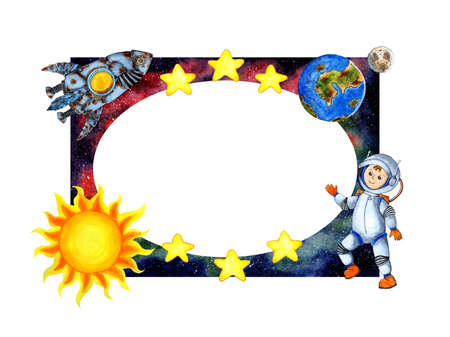 Watercolor illustration space frame with astronaut, rocket, sun, earth, moon, stars. Children frame isolated on white background. Drawn by hand.のイラスト素材
