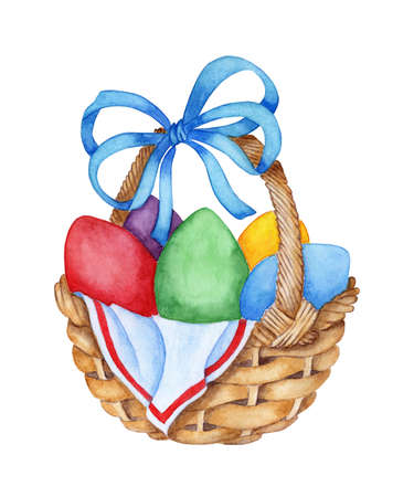 Watercolor illustration of a wicker basket with a blue bow and painted eggs in it. Easter holiday basket. Easter, religion, tradition. Isolated on white background. Drawn by hand.のイラスト素材