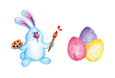 Watercolor illustration of a cute easter bunny with a palette brushing eggs for the holiday. The...
