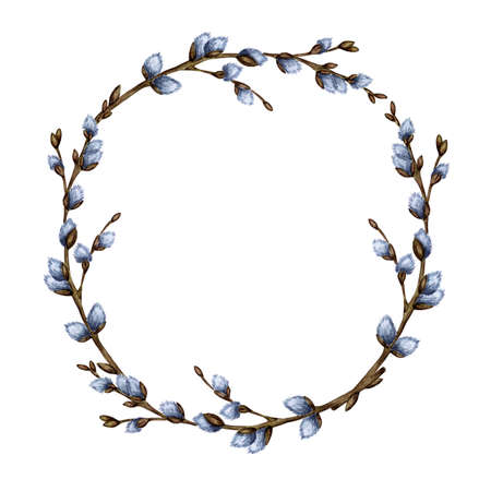 Watercolor illustration Easter round frame wreath of pussy willow branches. Isolated design element for invitations, greeting cards, posters, label print concepts. The borderのイラスト素材