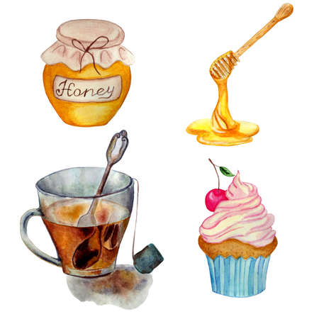 Tea party set. Watercolor illustration cup of tea, cupcake with cream, wooden spoon for honey, a jar of honey. Isolated white background. hand painted.のイラスト素材