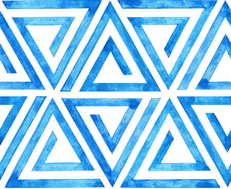 Watercolor illustration of blue geometric lines seamless pattern in the shape of a triangle. An endlessly repeating background of triangles isolated on a white background. Drawn by hand.のイラスト素材