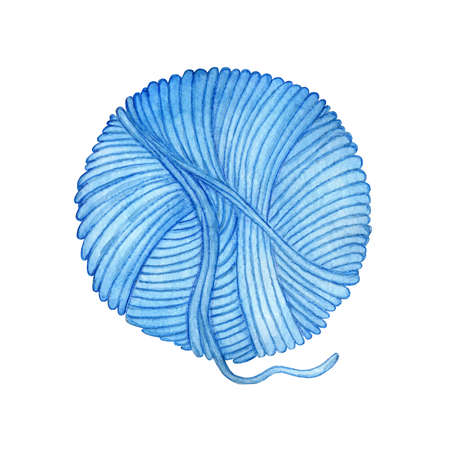 Watercolor illustration of a skein of blue yarn. Wool coiled into a ball. Smoothly wound threads. Knitting, needlework, creativity, tangle. Isolated on white background. Drawn by hand.のイラスト素材