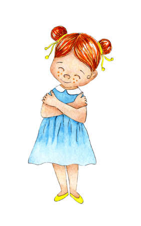Watercolor illustration of a little red-haired girl in a blue dress and yellow shoes hugs herself. Love yourself, love your body, motivation. Take time for yourself. Isolated on belm background. Drawn by hand.のイラスト素材