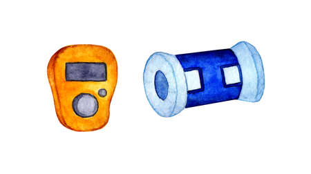 Watercolor illustration of blue and orange knitting tools. Line counter. Device for storing, counting rows and stitches. Knitting, needlework, tools. Isolated over white background. Drawn by hand.のイラスト素材