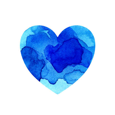 Watercolor illustration of a multicolored heart with spots and shades of blue paint. Holiday card for Valentine's Day, wedding, anniversary. Artistic design element isolated on white.のイラスト素材